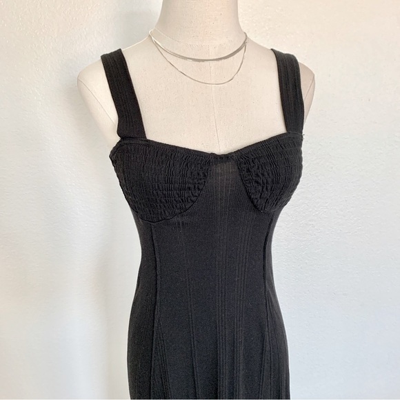Free People Black Ribbed Knit Midi Dress with Bustier Detail and Wide Straps - Picture 4 of 8